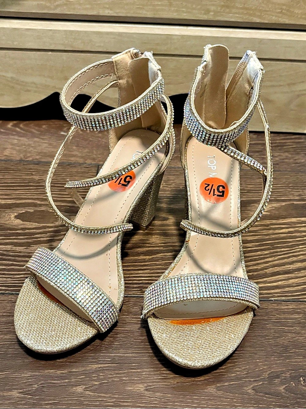 Top Moda Hannah Rhinestone Spiral Block Heel Sandals Gold US 5.5